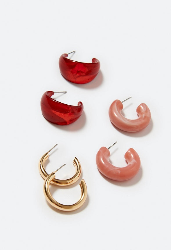 3-Pair Emme Mixed Resin And Metal Hoop Earrings