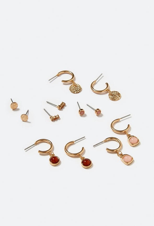 6-Pair Hana Mixed Metal Studs & Hoops With Smooth Stone Inlay 