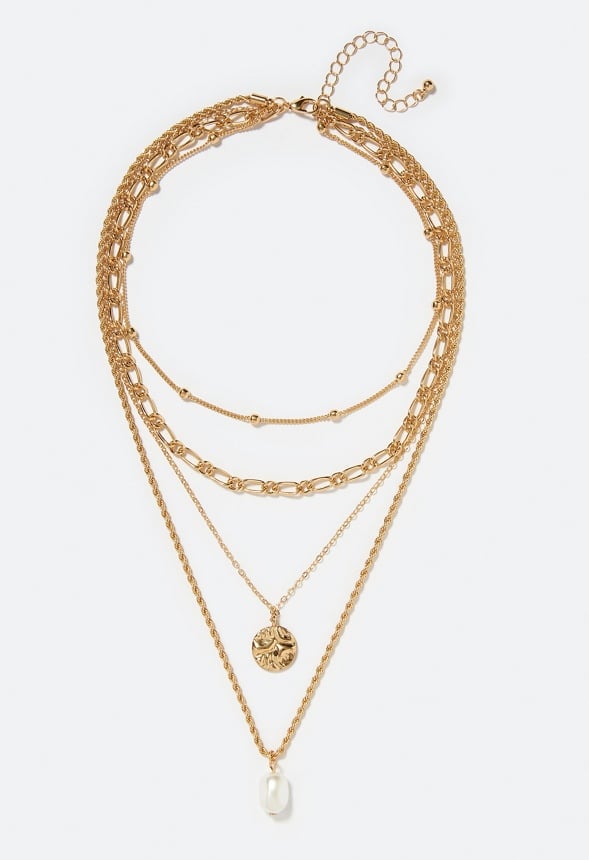 4-Row Leah Layered Necklace With Disc And Pearl Drops
