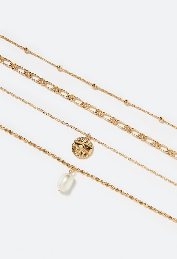 4-Row Leah Layered Necklace With Disc And Pearl Drops