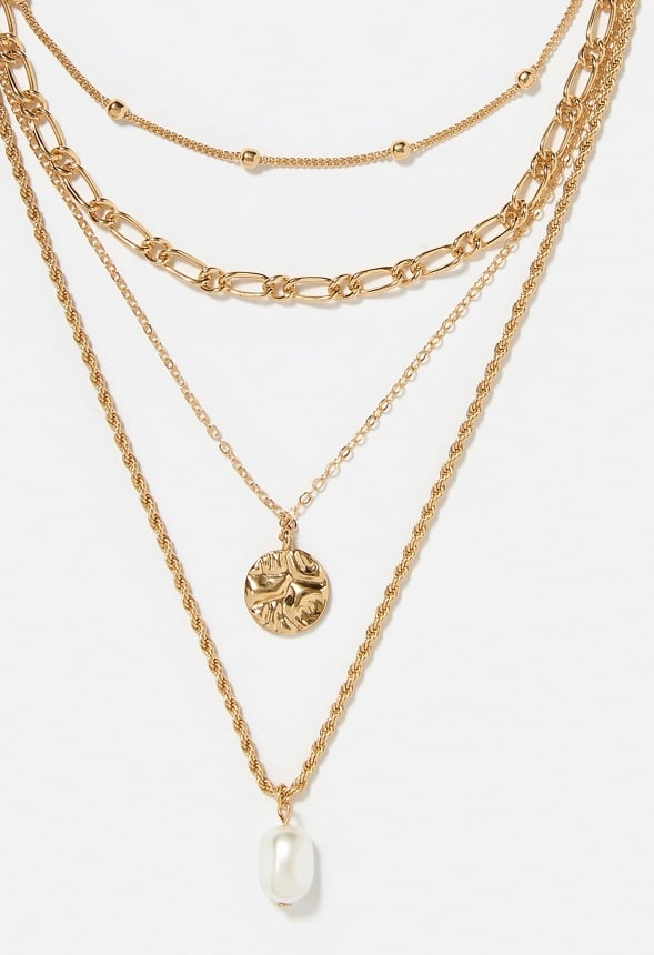 4-Row Leah Layered Necklace With Disc And Pearl Drops