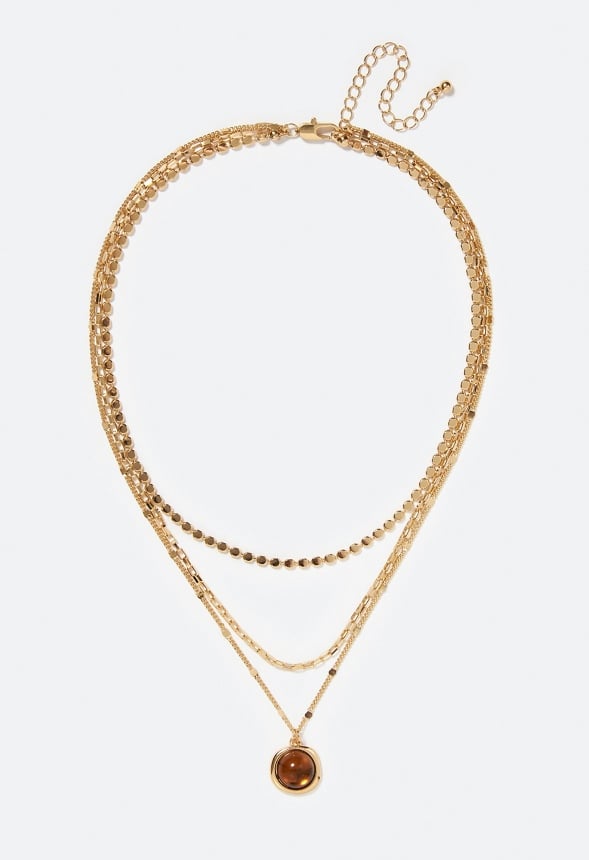 3-Row Mila Layered Necklace With Smooth Stone Set Drop