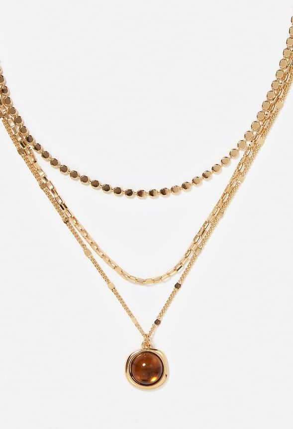 3-Row Mila Layered Necklace With Smooth Stone Set Drop