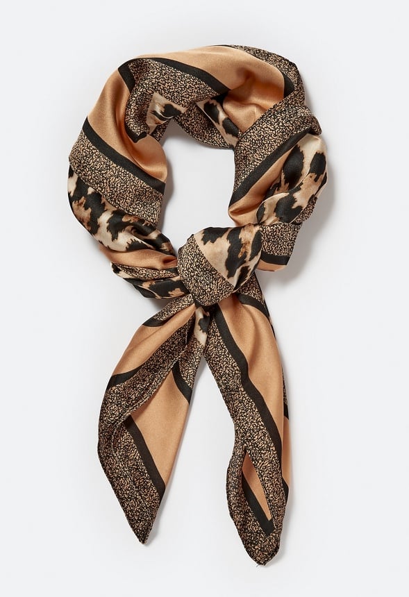 Zuri Animal Print Silk Like Scarf With Tan Border
