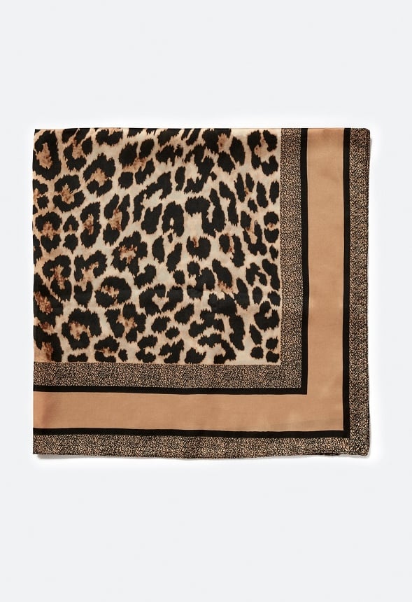 Zuri Animal Print Silk Like Scarf With Tan Border
