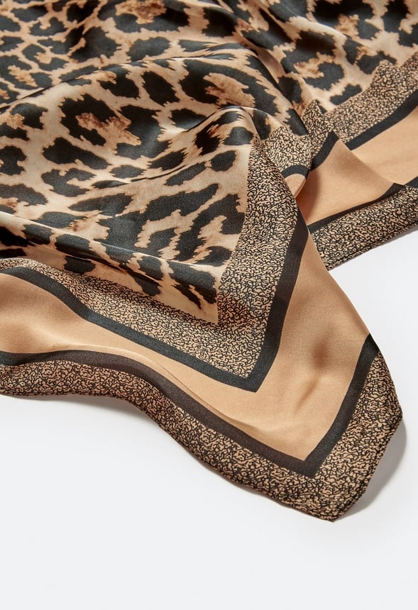 Zuri Animal Print Silk Like Scarf With Tan Border