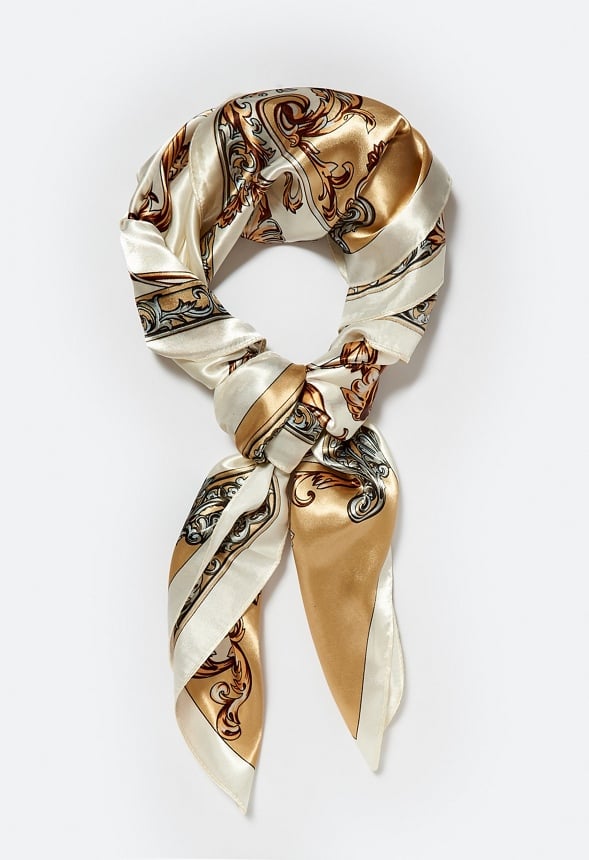 Lena Cream And Gold Mixed Print Silk Like Scarf
