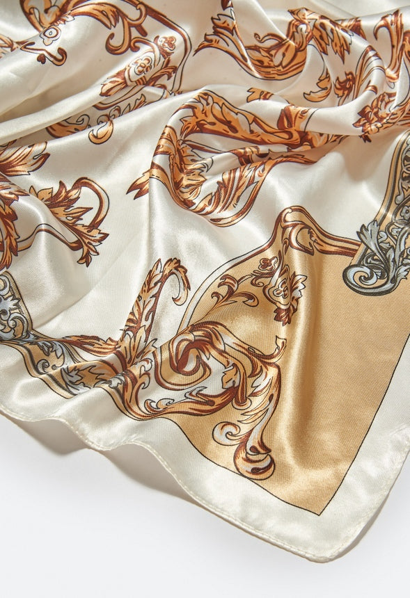 Lena Cream And Gold Mixed Print Silk Like Scarf