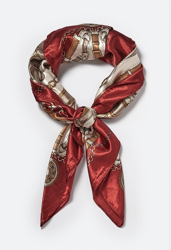 Ruby Mixed Chain Print Silk Like Scarf With Red Border