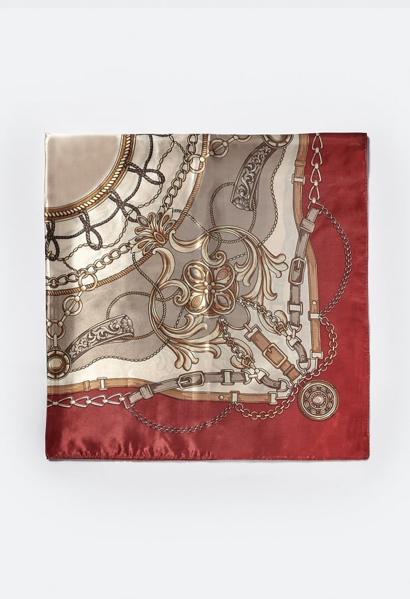 Ruby Mixed Chain Print Silk Like Scarf With Red Border