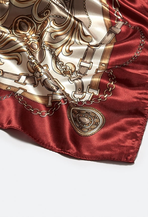 Ruby Mixed Chain Print Silk Like Scarf With Red Border